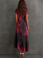 Wrap Midi Dress Abstract Print Tie Waist Ruffled Hem