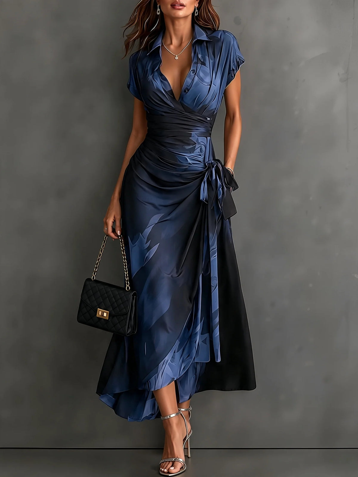 Wrap Midi Dress Abstract Print Tie Waist Ruffled Hem