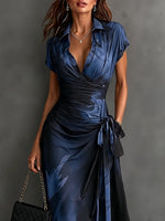 Wrap Midi Dress Abstract Print Tie Waist Ruffled Hem