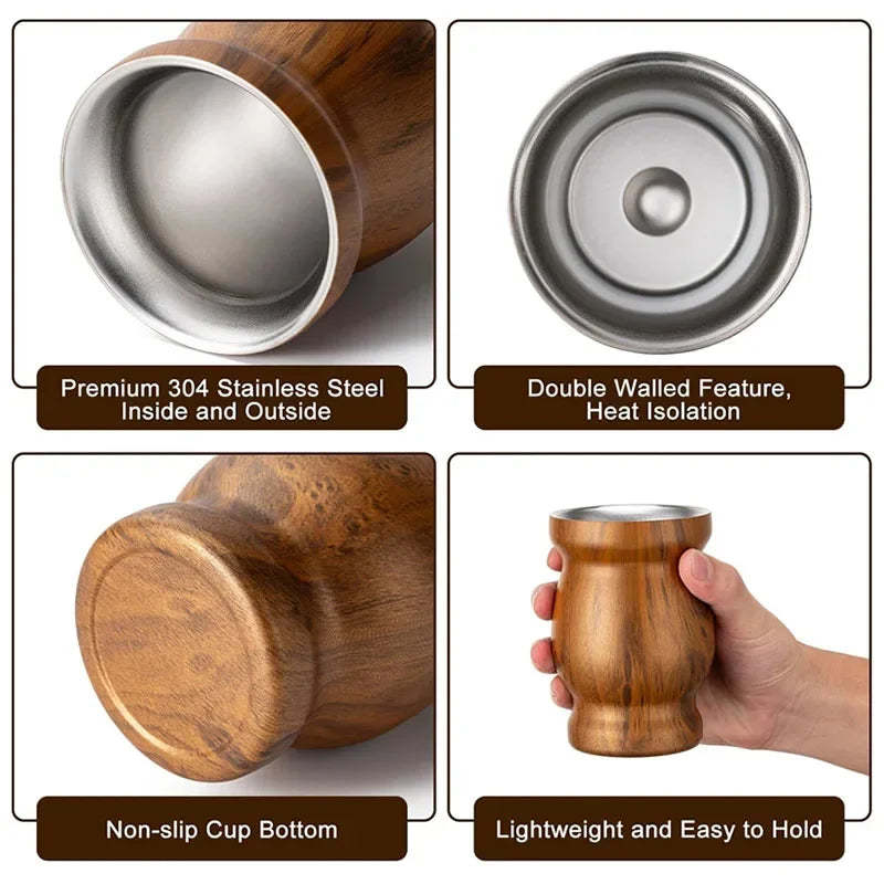 Yerba Mate Cup Insulated Stainless Steel 8oz Woodgrain Finish