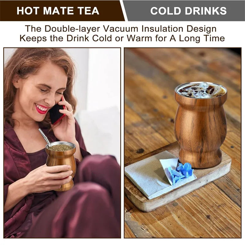 Yerba Mate Cup Insulated Stainless Steel 8oz Woodgrain Finish