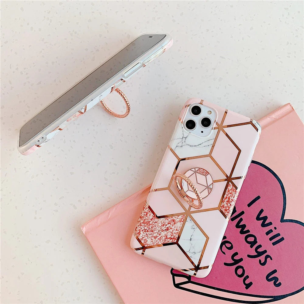 iPhone Case Marble Pattern Built-In Finger Ring Holder Soft TPU