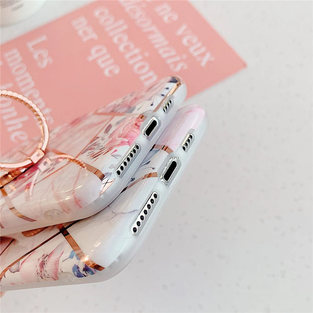 iPhone Case Marble Pattern Built-In Finger Ring Holder Soft TPU