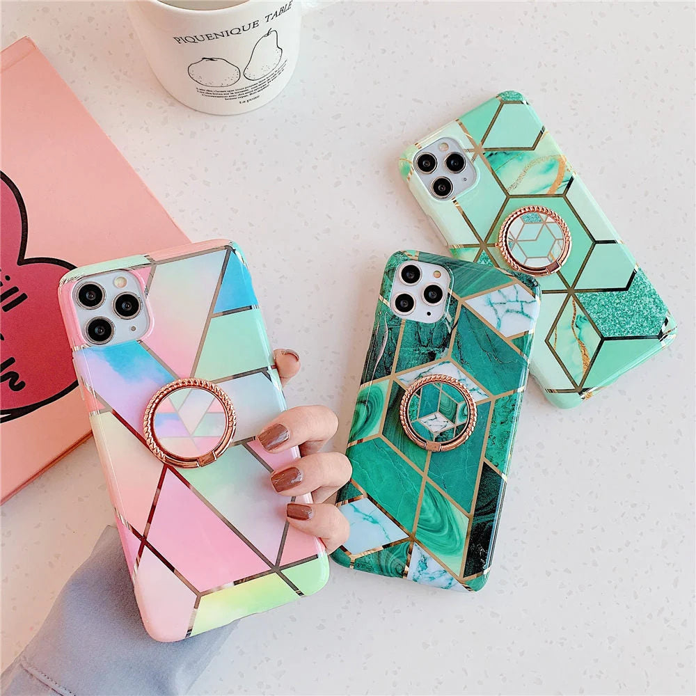 iPhone Case Marble Pattern Built-In Finger Ring Holder Soft TPU