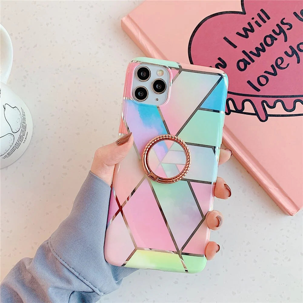 iPhone Case Marble Pattern Built-In Finger Ring Holder Soft TPU
