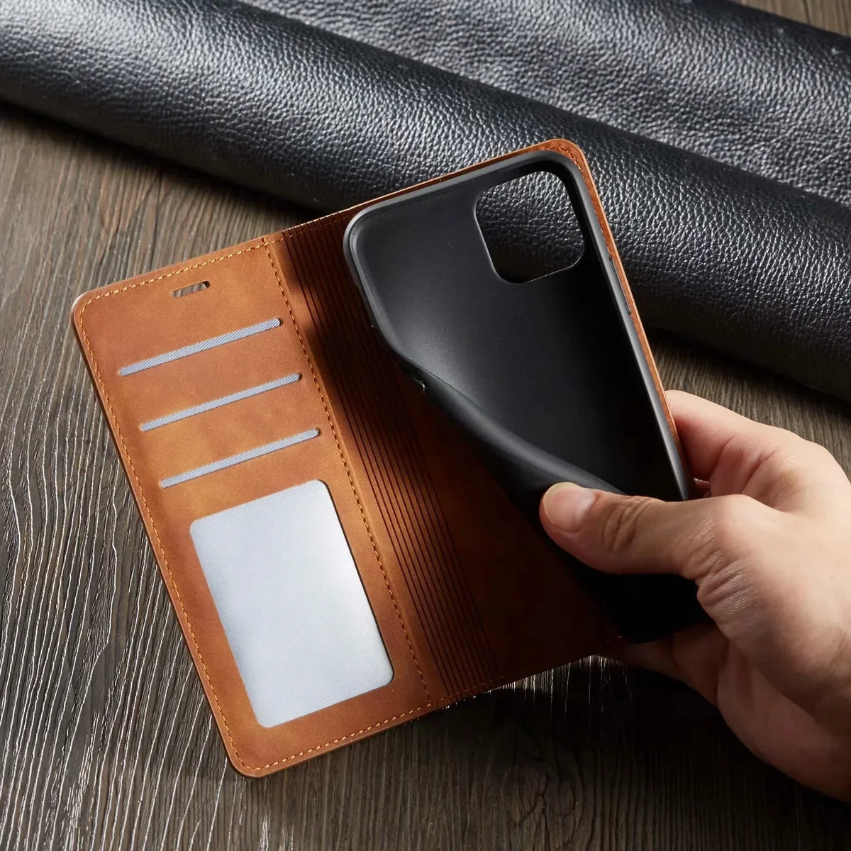 iPhone Wallet Case Magnetic Closure Foldable Stand 3 Card Slots
