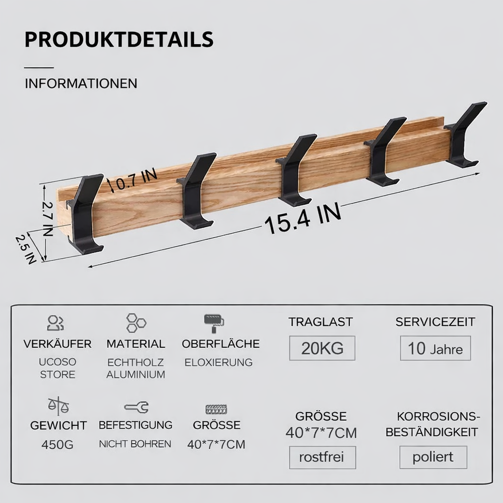 Wandgarderobe mit Verstellbaren Doppelhaken | Platzsparendes Design