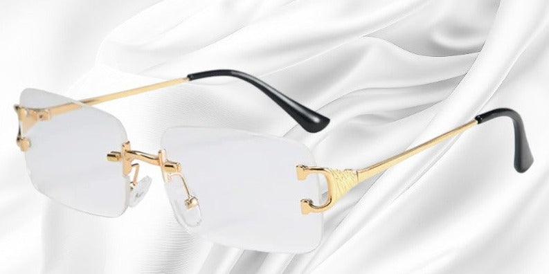 Moderne rahmenlose Sonnenbrille mit eckigen Gläsern