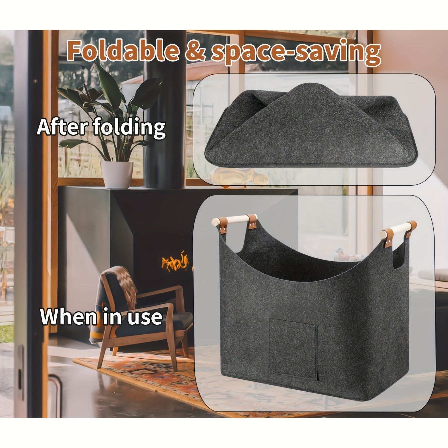 Elegant Firewood Basket BRUNNEN | Foldable | 55L Capacity | With Wooden Handles and Leather Accents | Anthracite