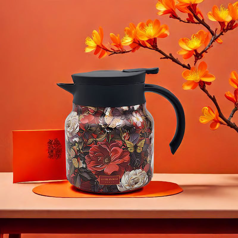 Elegante Teekanne mit Blütenmuster – Edelstahlflasche mit integriertem Sieb