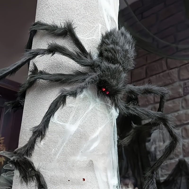 Halloween Dekorationsset – 2 riesige Spinnen 50 cm mit dehnbarem Spinnennetz