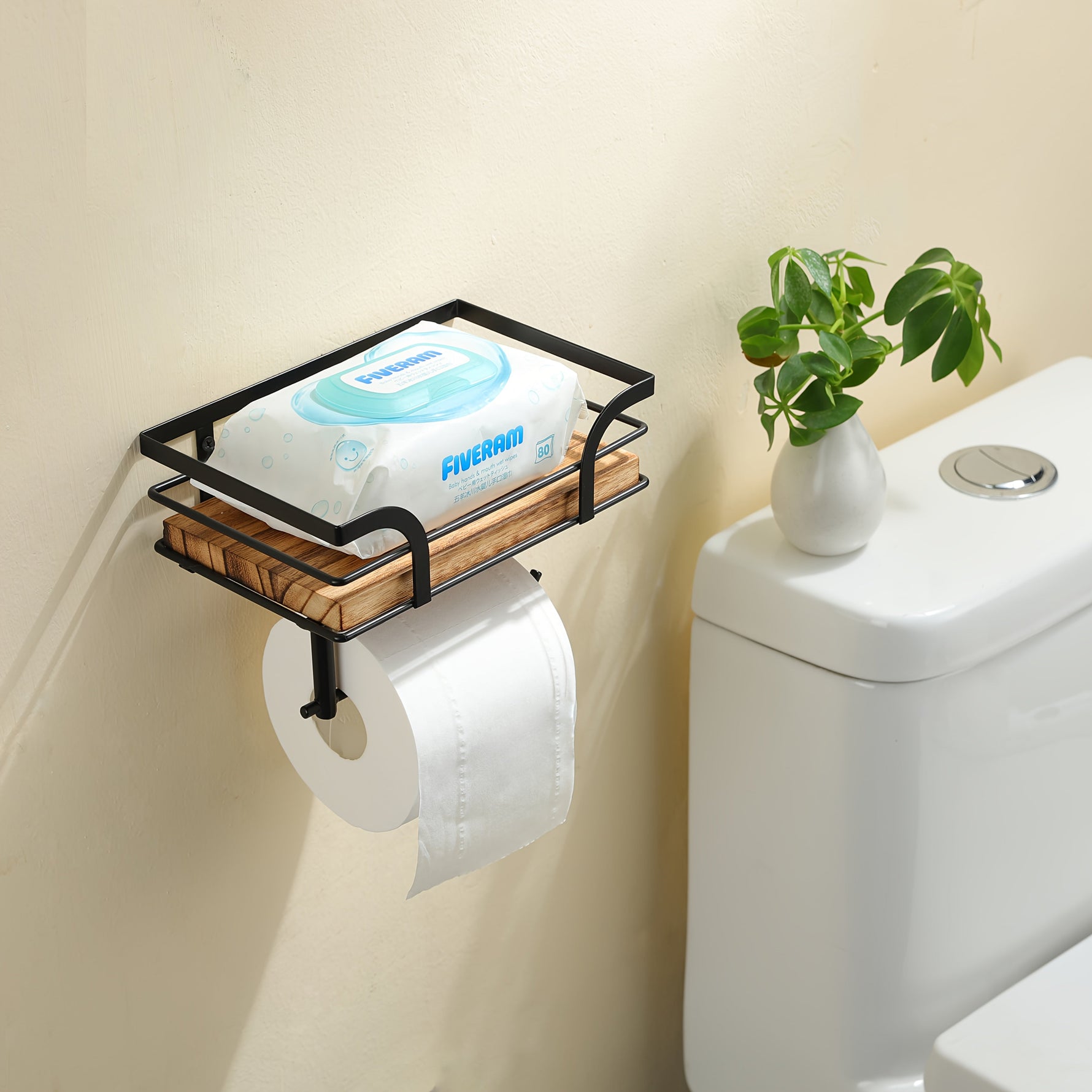 Wandregal mit Toilettenpapierhalter – Metall & Holz