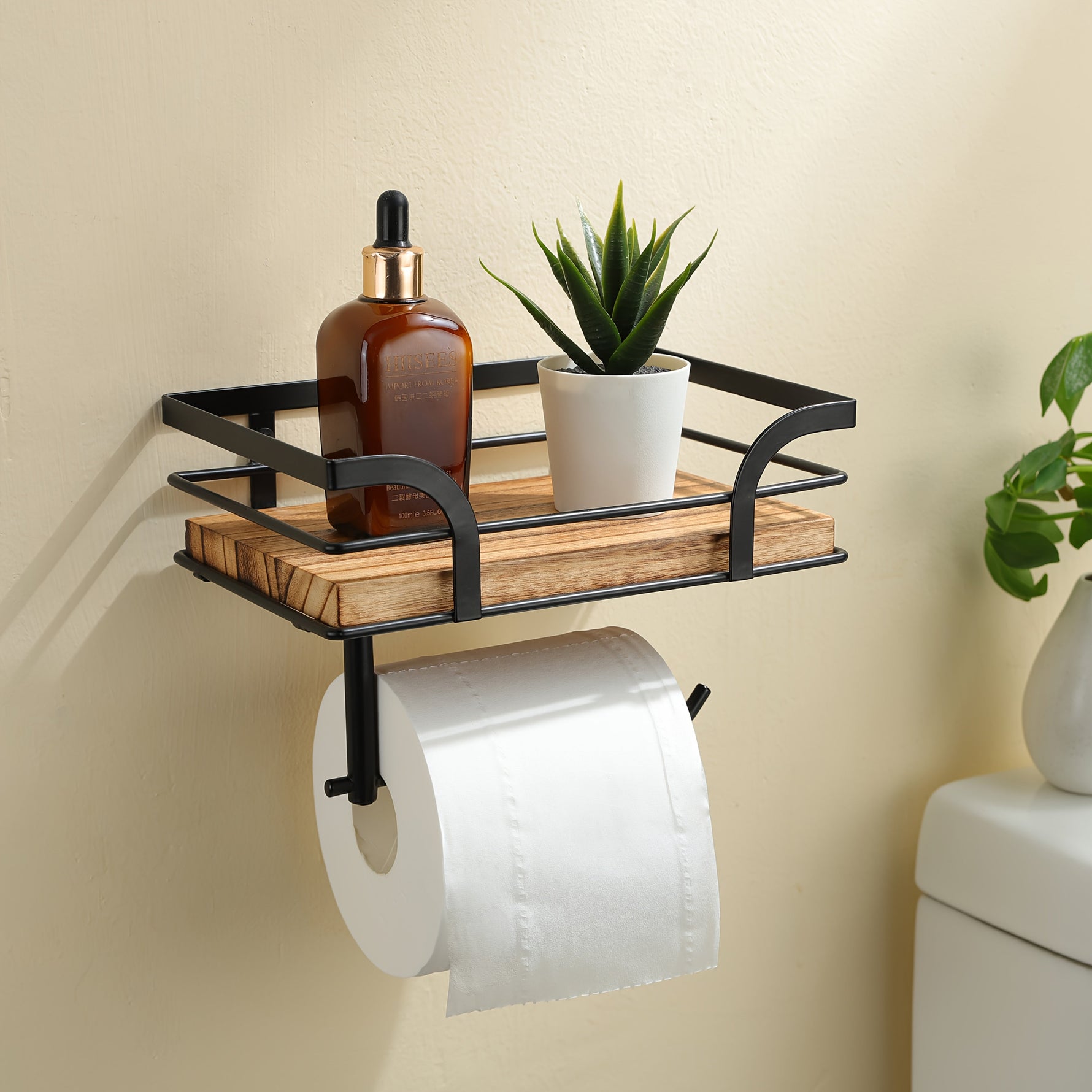 Wandregal mit Toilettenpapierhalter – Metall & Holz