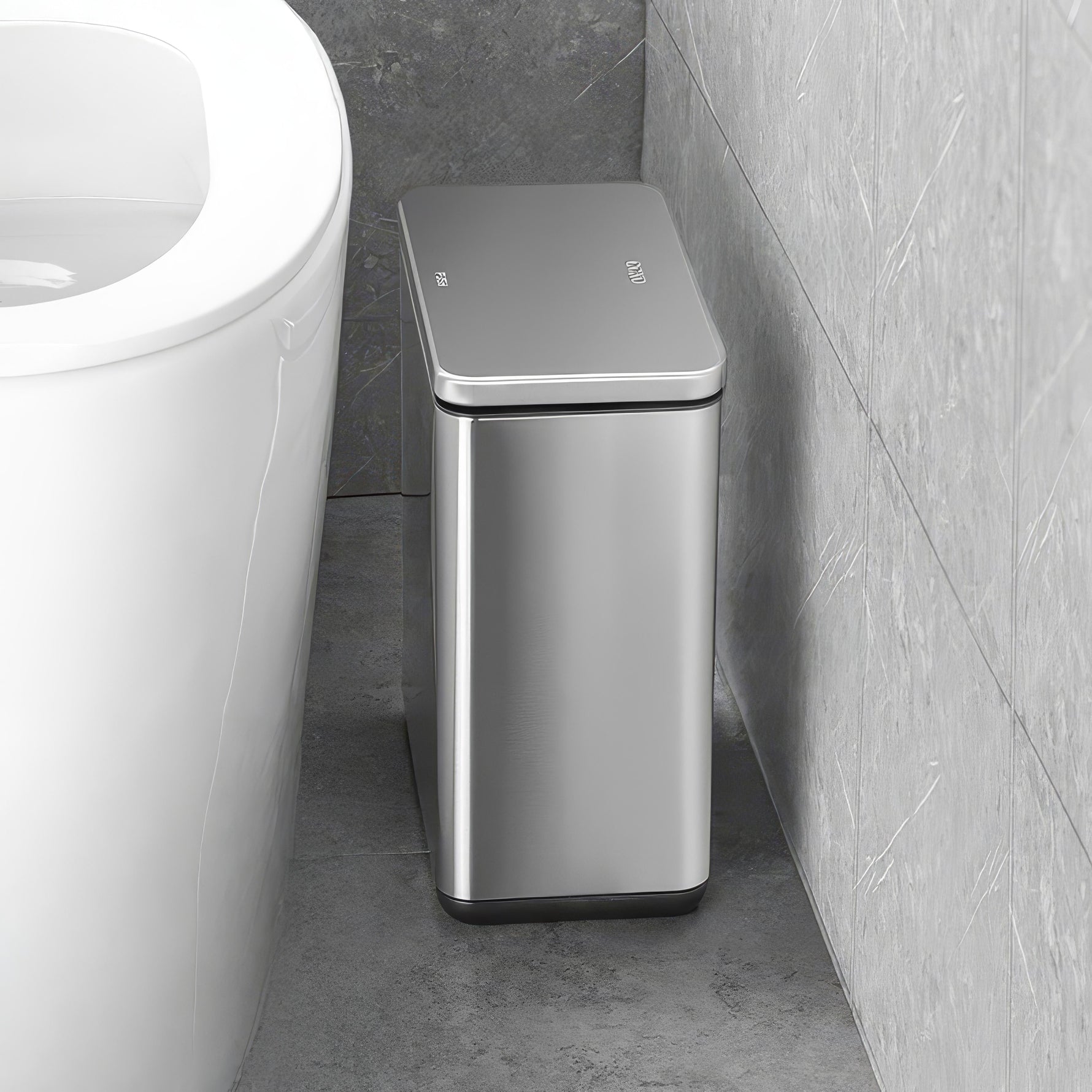 Space-saving stainless steel waste bin with lid for kitchen and bathroom