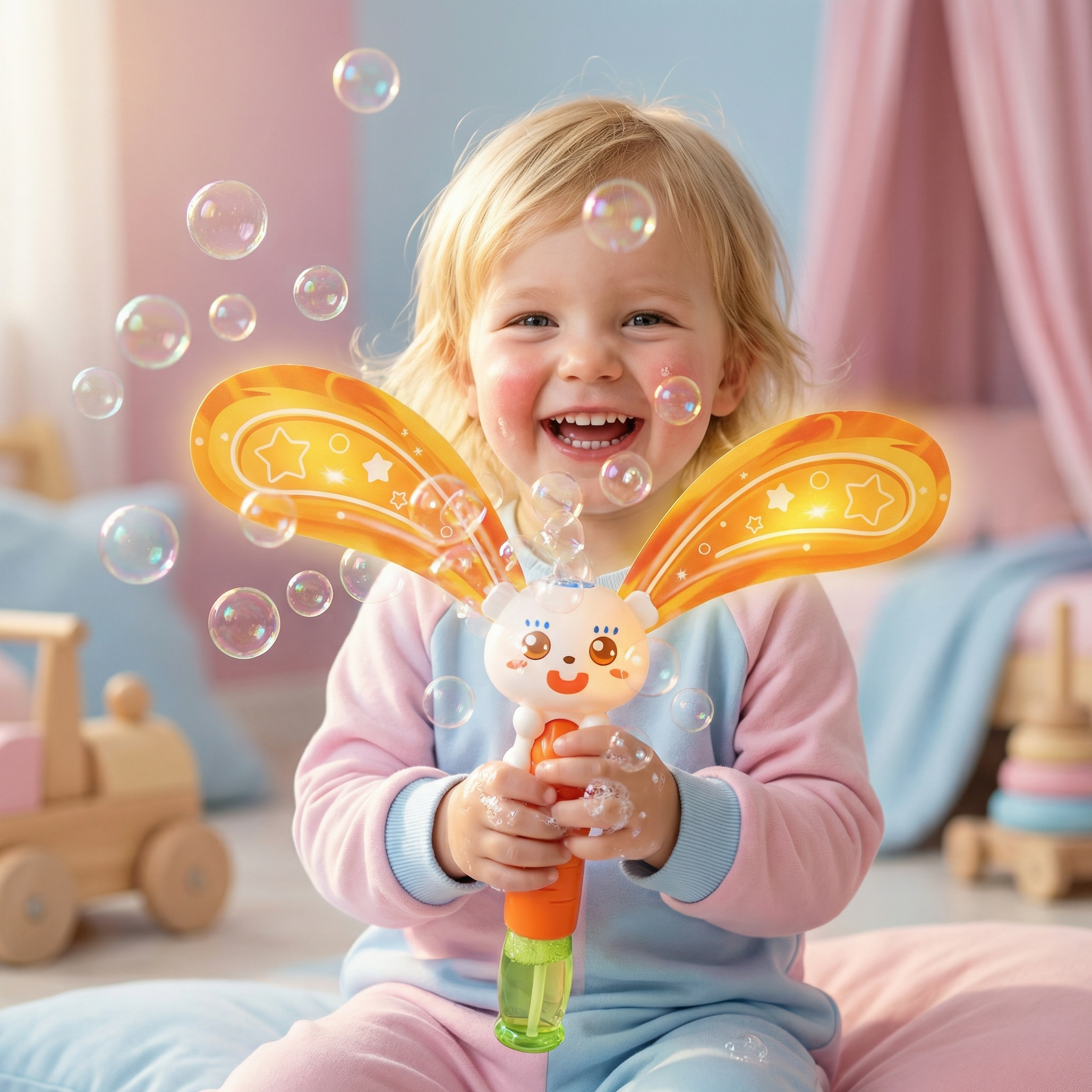 Flügelnder Hase mit Licht – Seifenblasenmaschine für Kinder