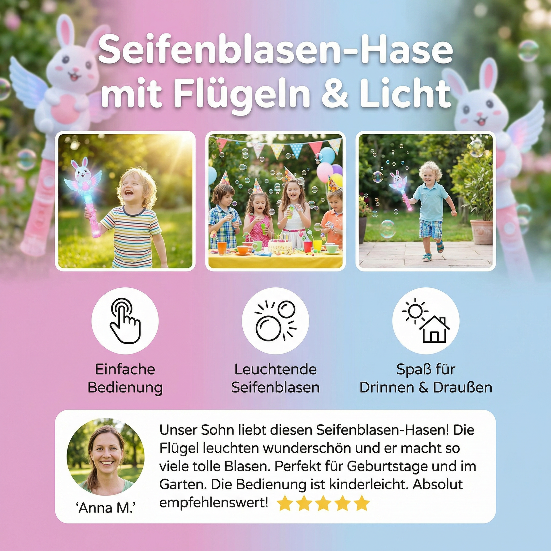 Flügelnder Hase mit Licht – Seifenblasenmaschine für Kinder