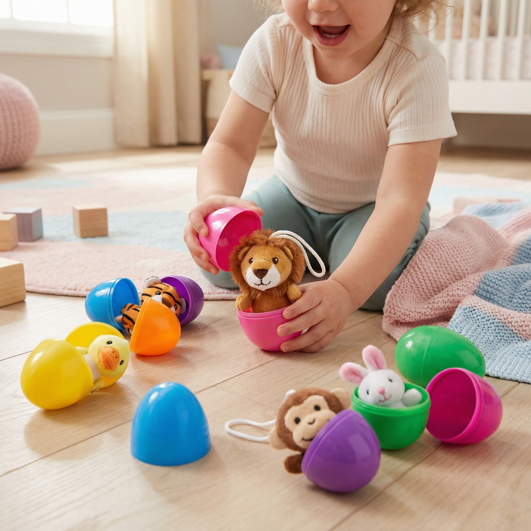 Überraschungsset mit gefüllten Ostereiern und Plüschtieren für Kinder