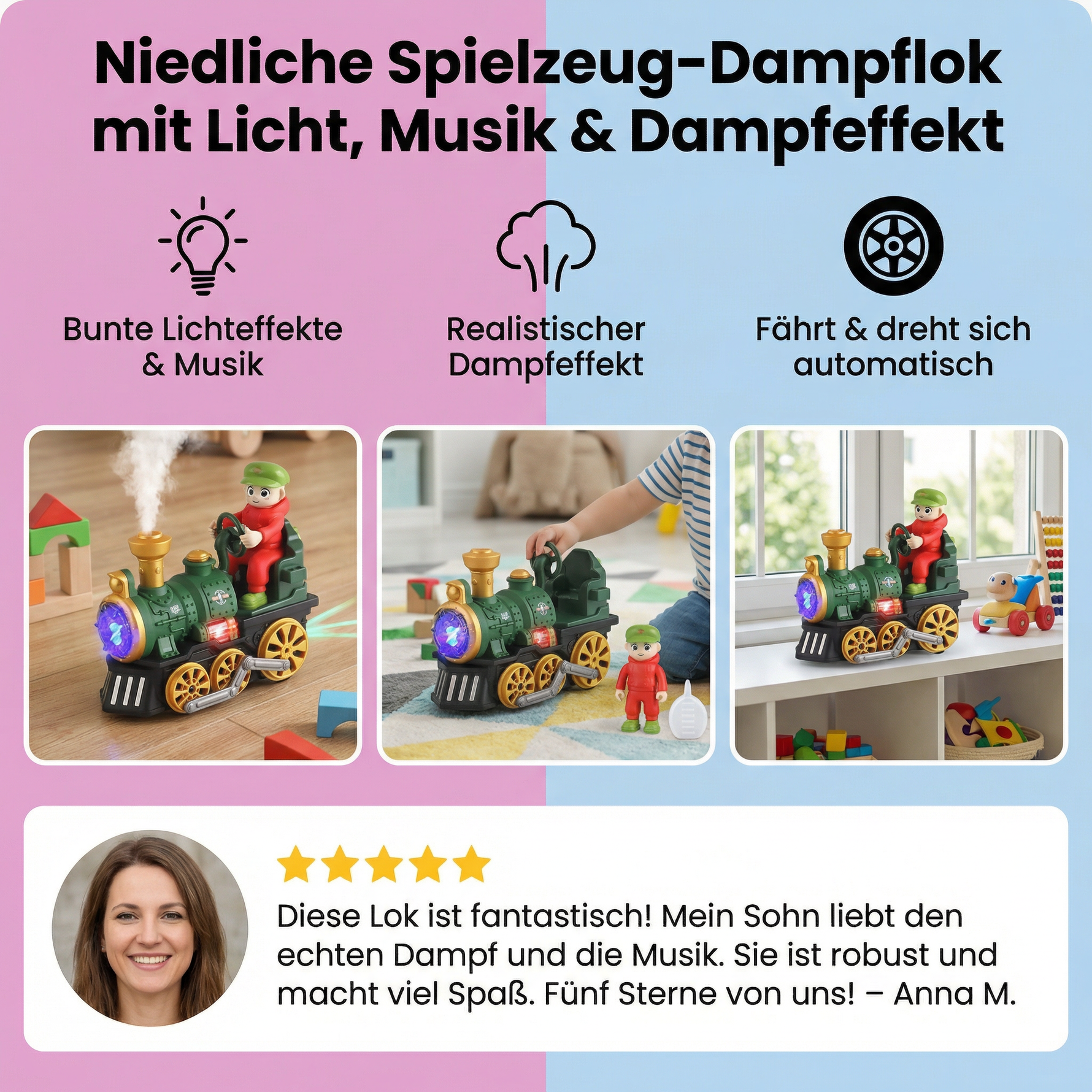 Spielzeug-Dampflok mit Licht, Musik und Dampfausstoß – niedlich