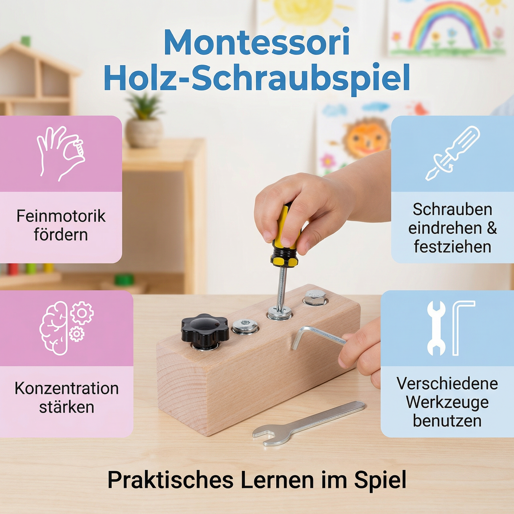 Hölzernes Schraubspiel nach Montessori – Konzentrations- und Feinmotorikförderung für Kinder