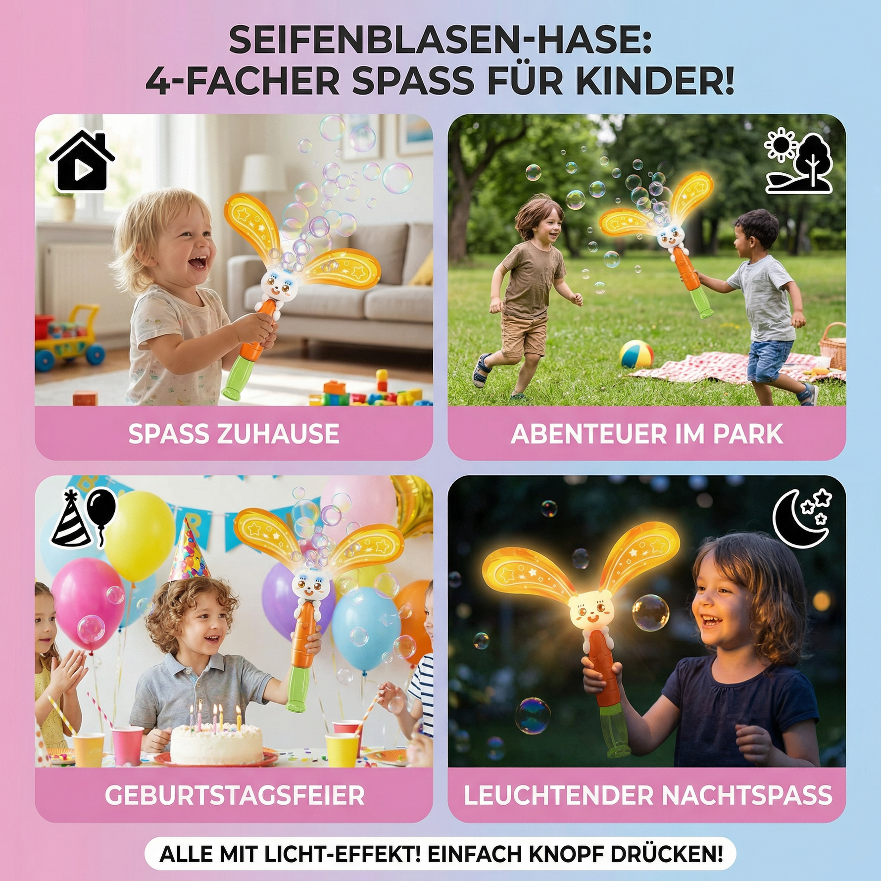 Flügelnder Hase mit Licht – Seifenblasenmaschine für Kinder
