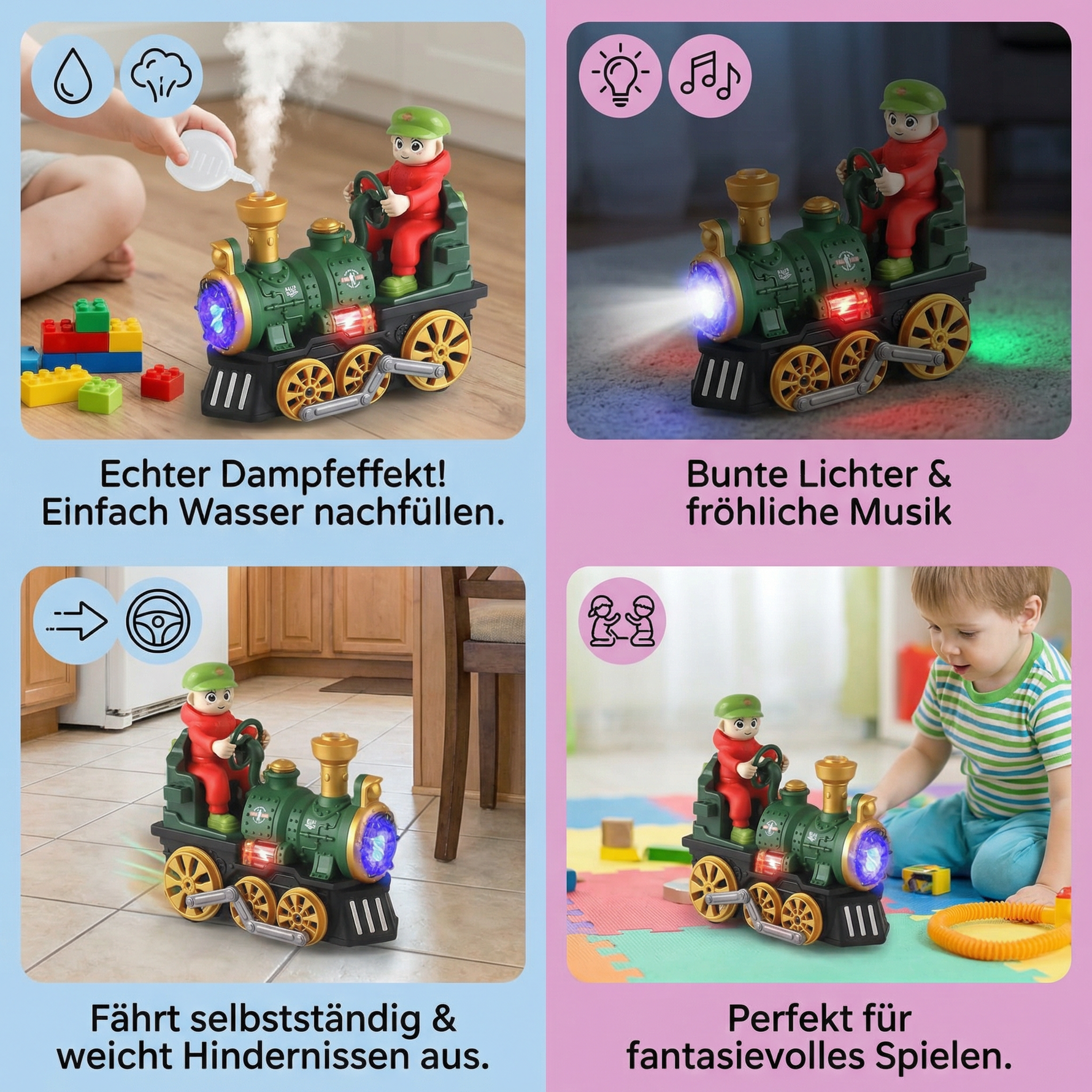 Spielzeug-Dampflok mit Licht, Musik und Dampfausstoß – niedlich