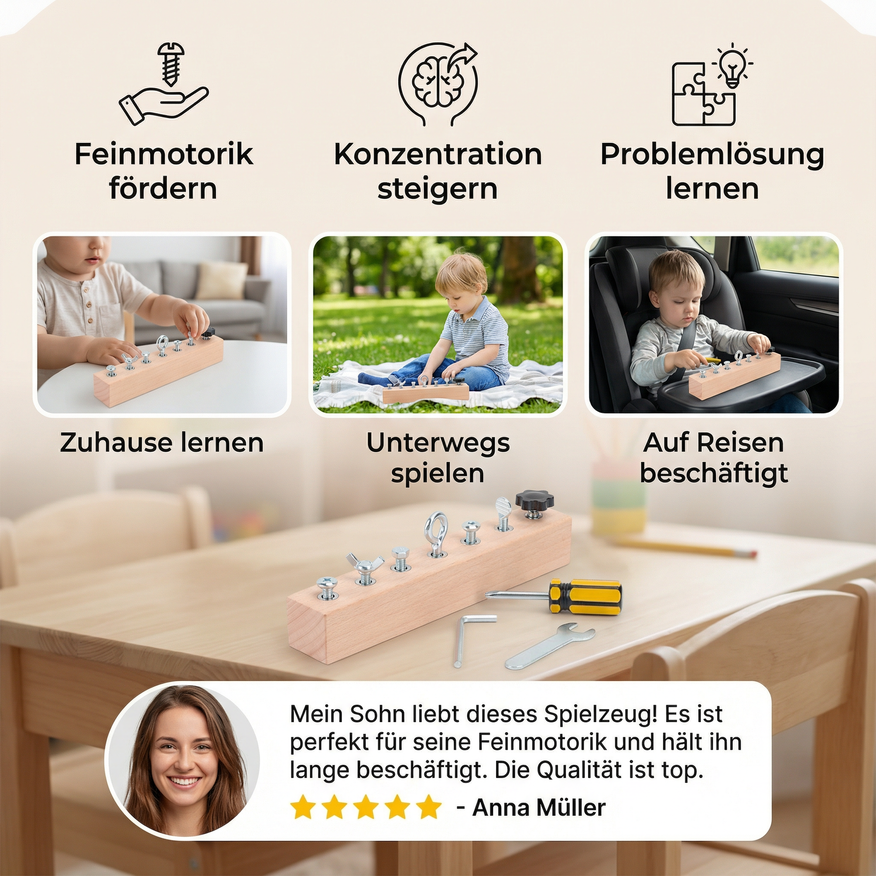 Hölzernes Schraubspiel nach Montessori – Konzentrations- und Feinmotorikförderung für Kinder