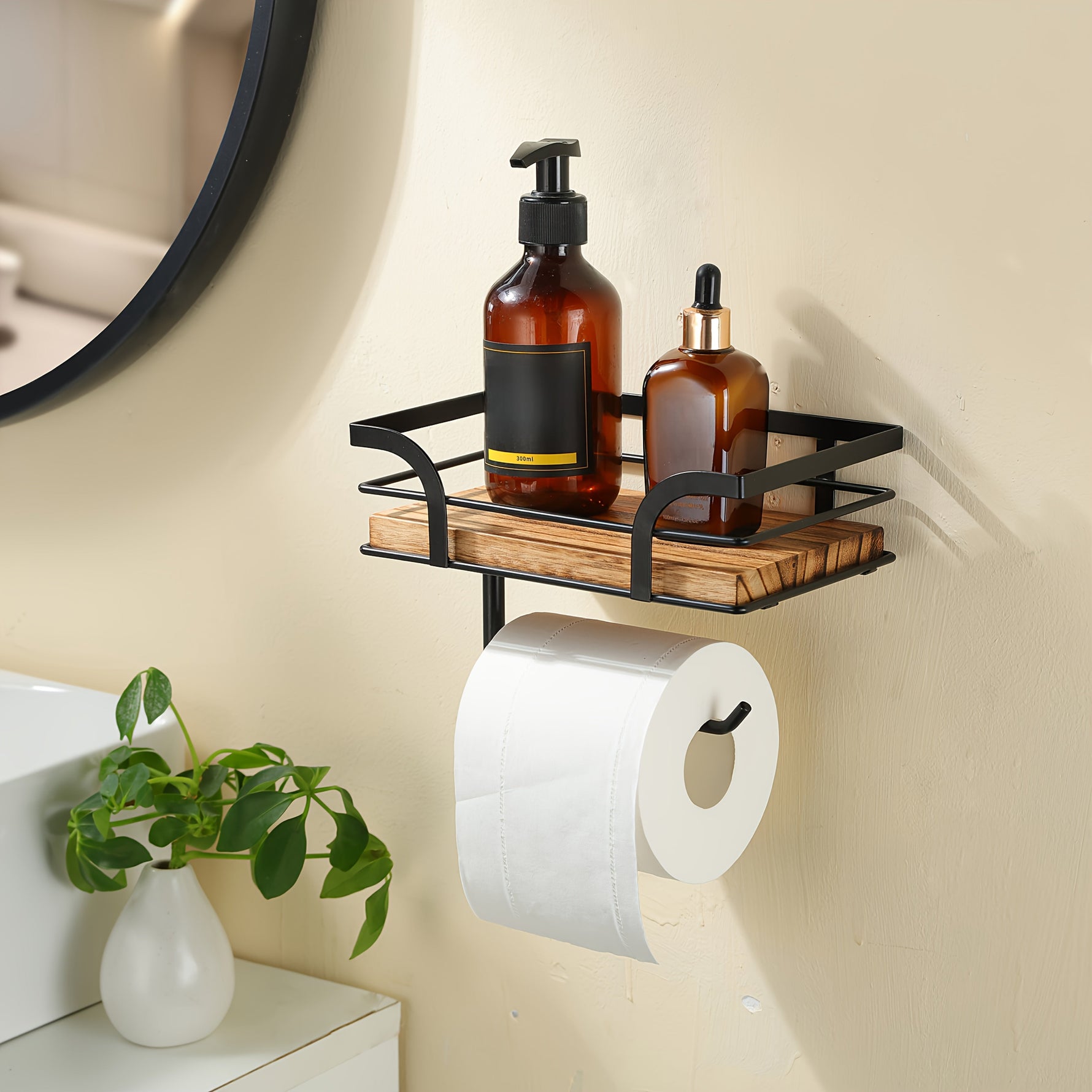 Wandregal mit Toilettenpapierhalter – Metall & Holz