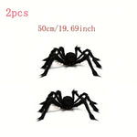Halloween Dekorationsset – 2 riesige Spinnen 50 cm mit dehnbarem Spinnennetz