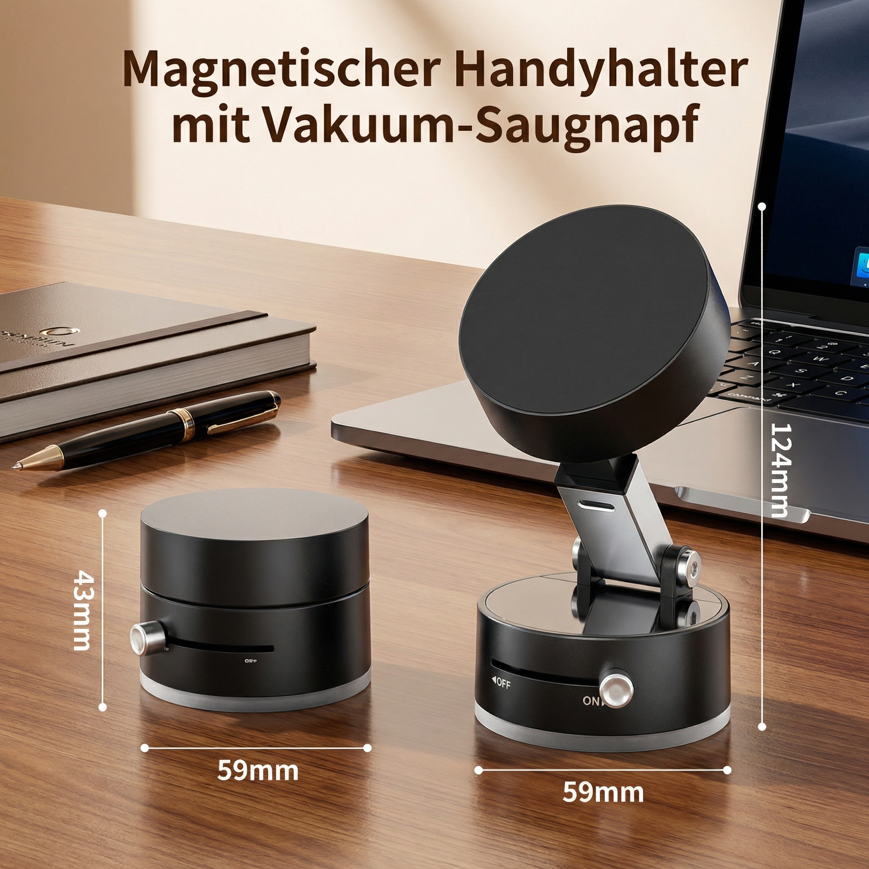 Compact, double-sided smartphone holder with vacuum magnet