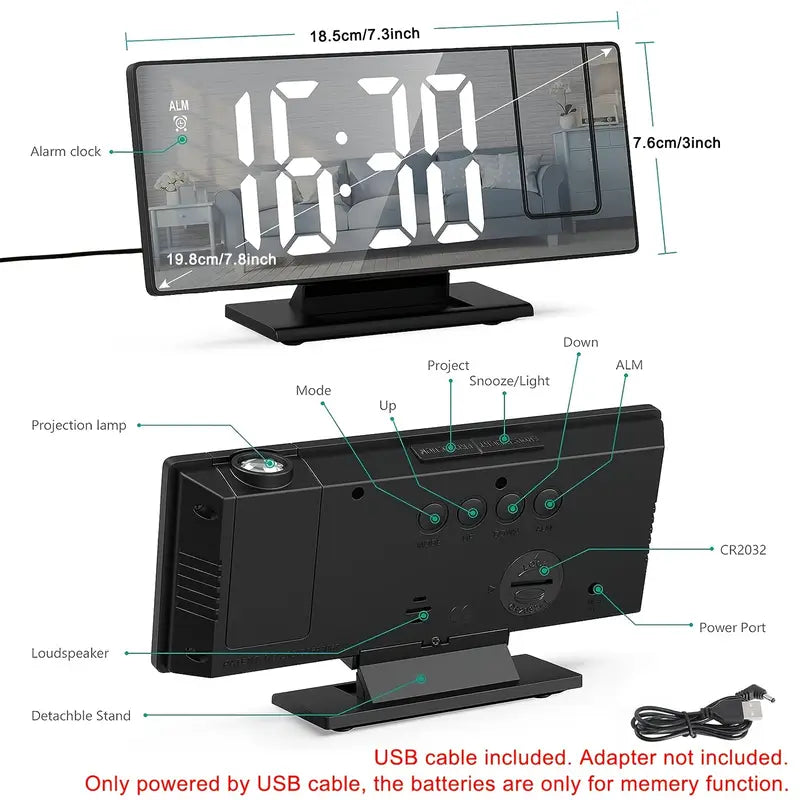 Projection Alarm Clock with Flexible 180° Display – Snooze Function and Temperature Display