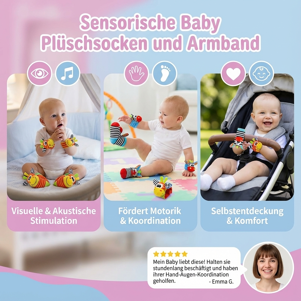 Plüschsocken und Armband für Babys mit sensorischen Elementen