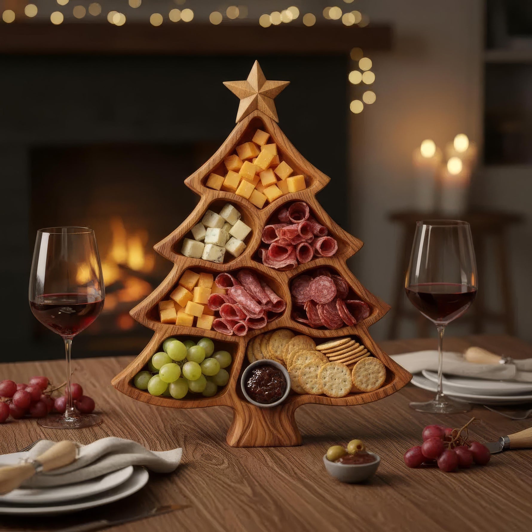 Festive Wooden Serving Tray with Practical Compartments | Set of 2