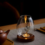 2-teiliges Set Glaskerzenhalter mit Holzsockel - Dekoration im Retro-Zen-Stil | Ideal für Wohnzimmer, Tischdekoration und im Freien