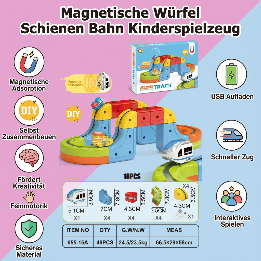 Kinderspielzeug mit Magnetischen Würfeln und Schienen