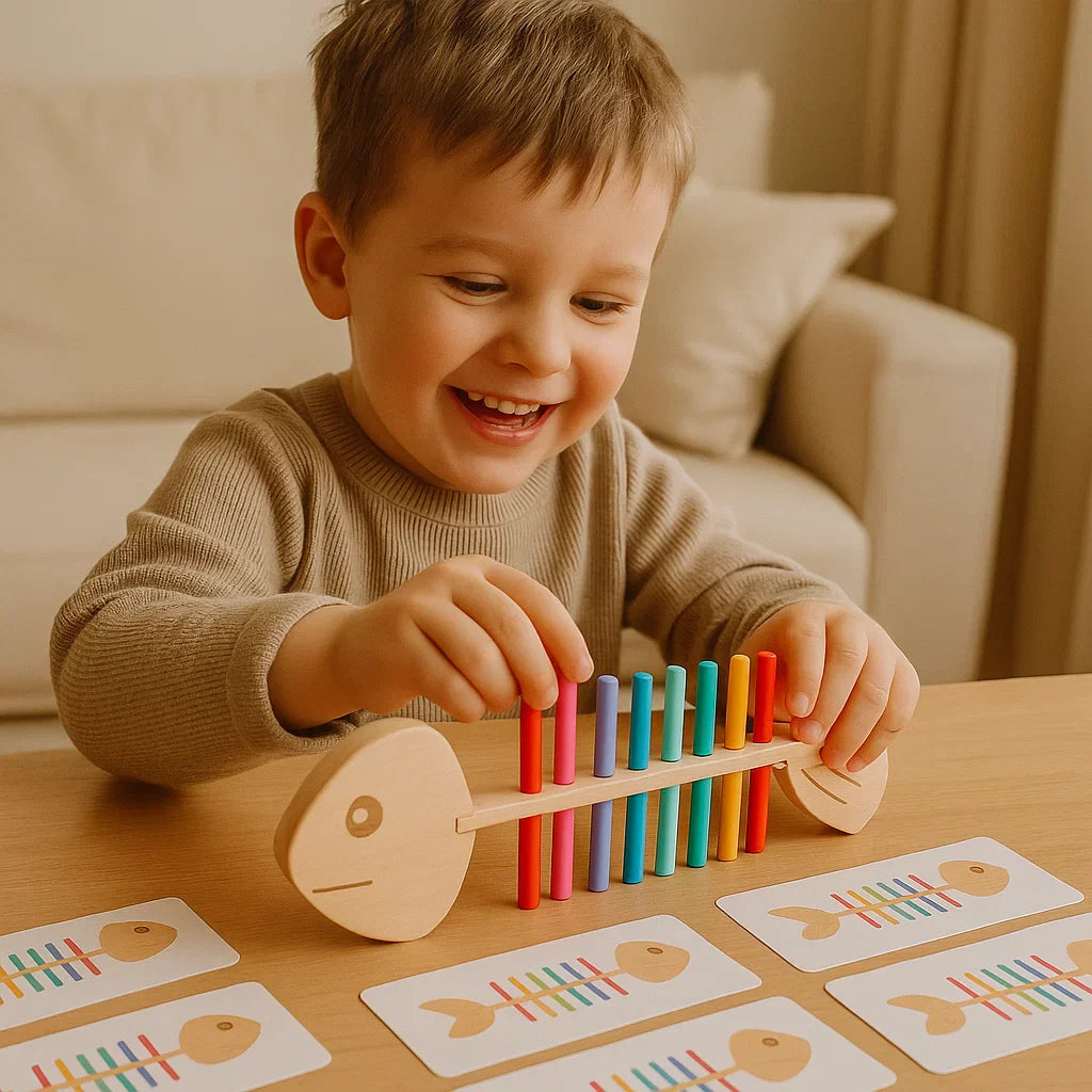 Farben Sortierspiel für Kinder im Montessori Fischgräten Design