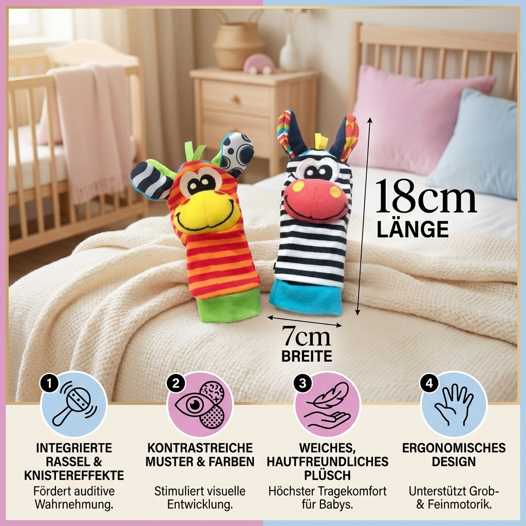 Plüschsocken und Armband für Babys mit sensorischen Elementen