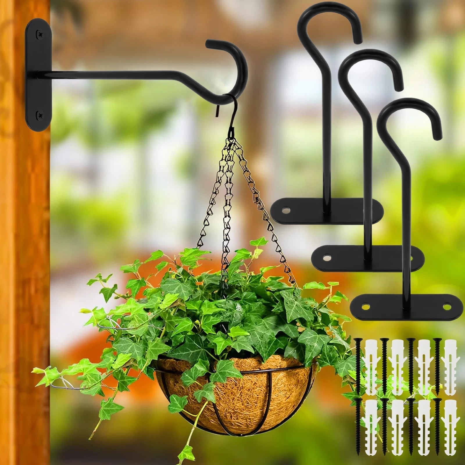 Wall Hooks for Plants – 15 cm Black Iron – Set of 4 with 10 kg Load Capacity