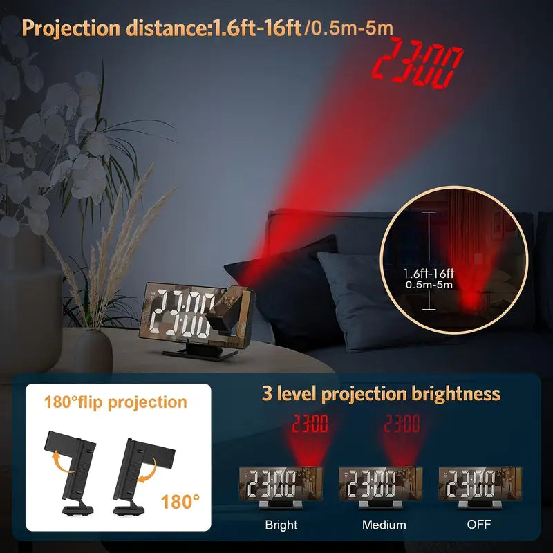Projection Alarm Clock with Flexible 180° Display – Snooze Function and Temperature Display