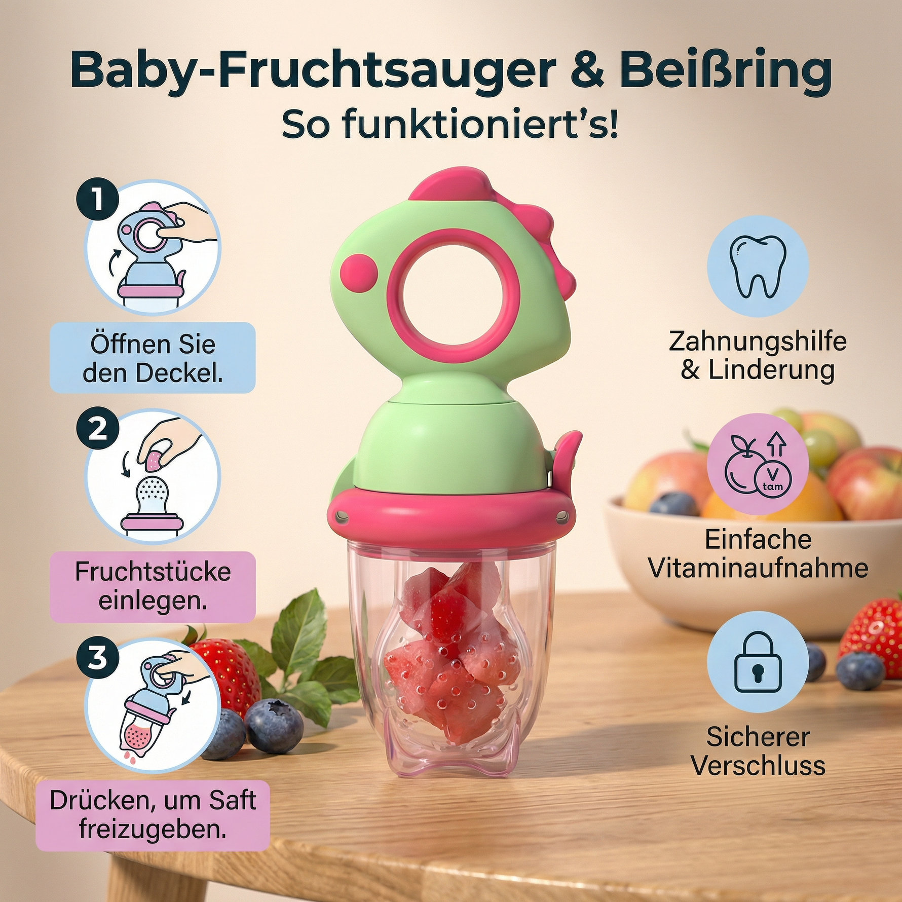 Fruchtsauger für Babys – Silikon Beißring mit Druckfunktion
