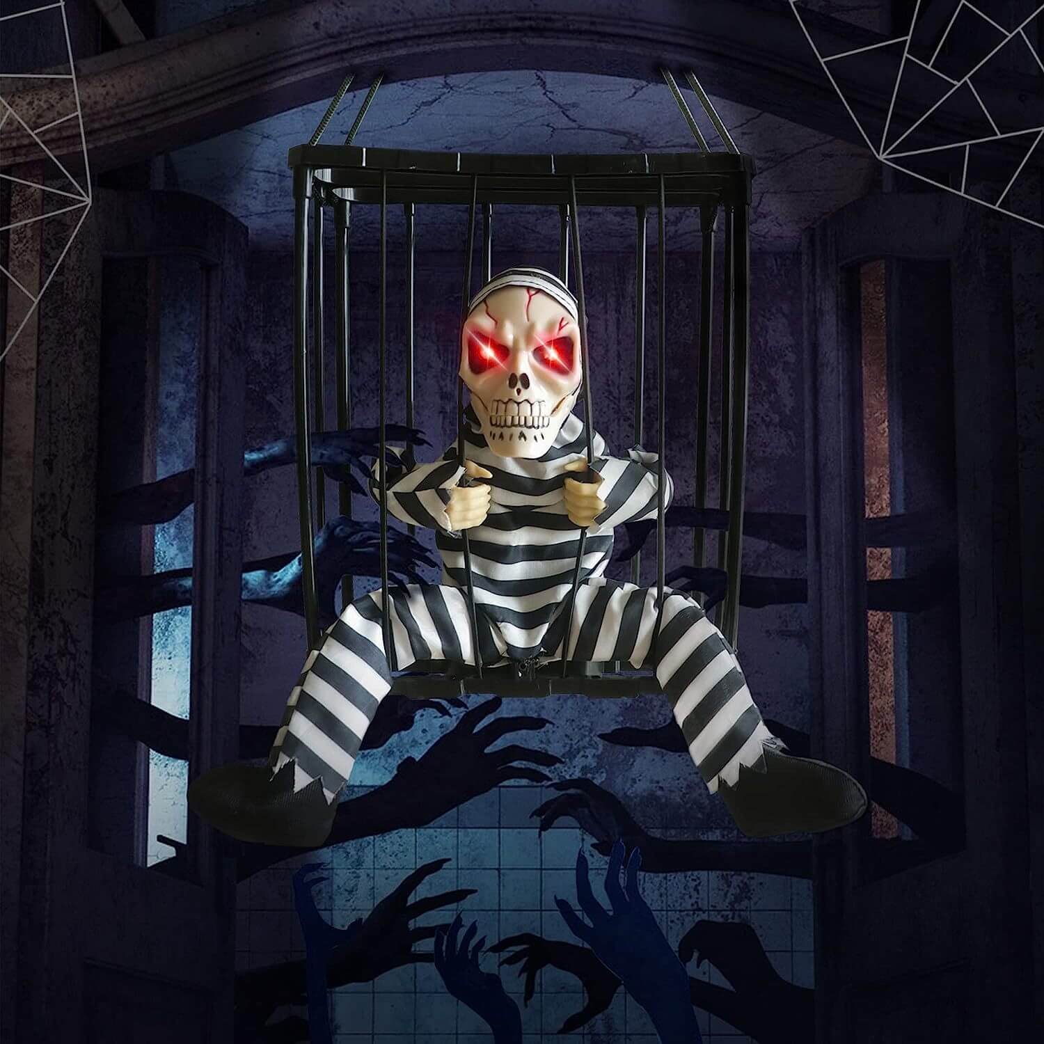 Gruseliger Gefangener in Käfig – Bewegliche Halloween-Deko