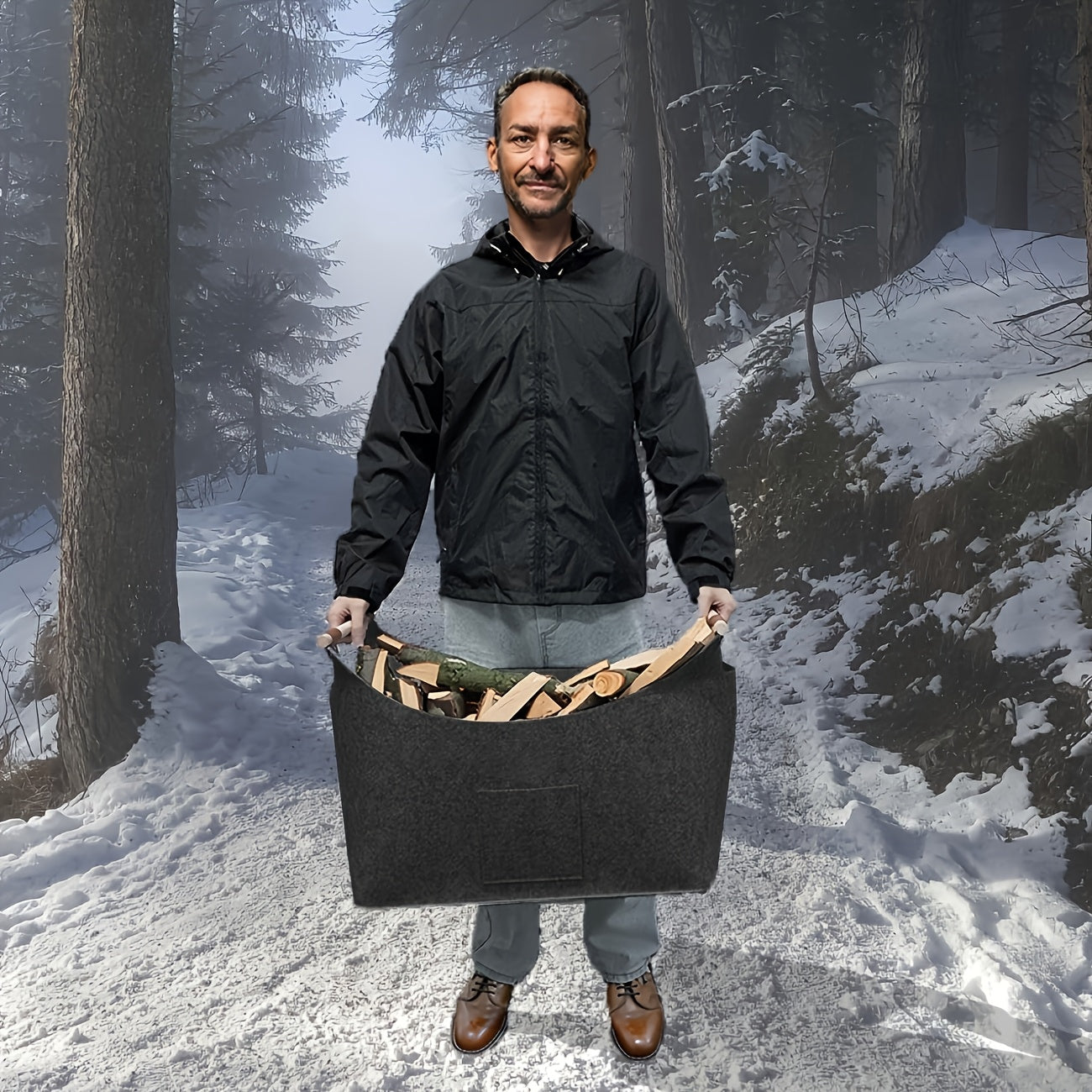 Elegant Firewood Basket BRUNNEN | Foldable | 55L Capacity | With Wooden Handles and Leather Accents | Anthracite