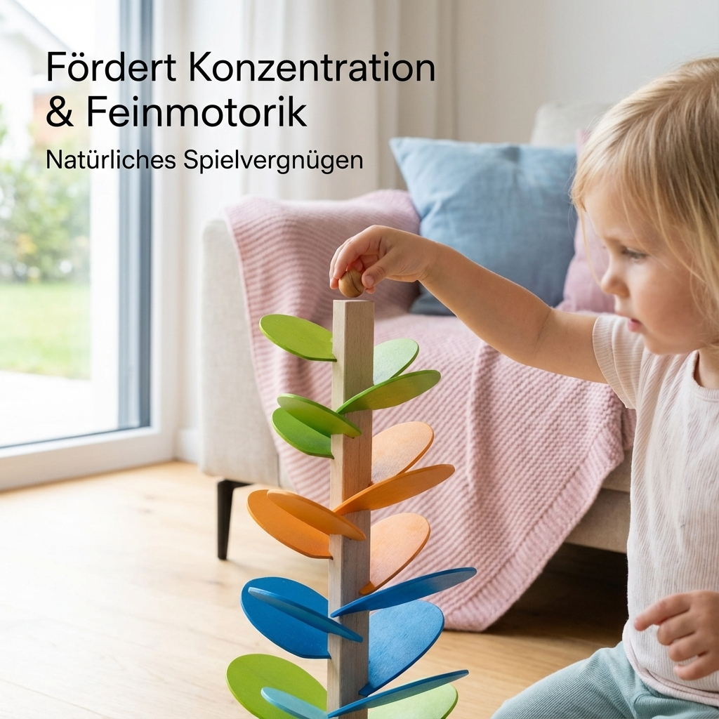 Holzturm mit Regenbogen-Murmeln im Montessori-Stil