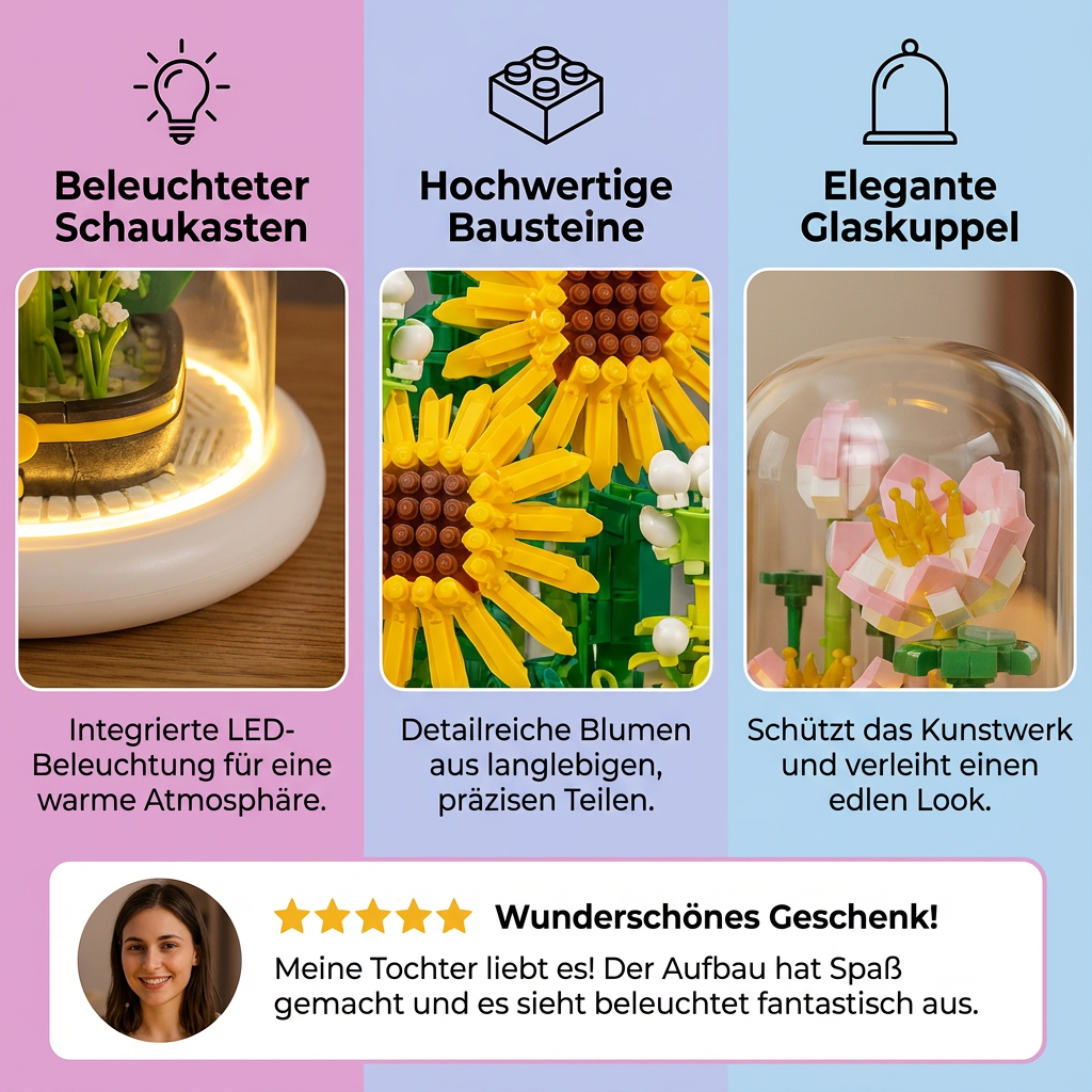 Glas mit eleganten Bausteinblumen