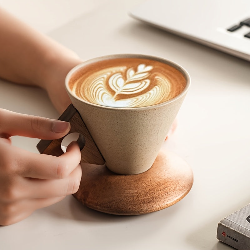 Elegante Keramiktasse 250ml – Handgefertigt mit Holzgriff und Untersetzer | AromaCraft