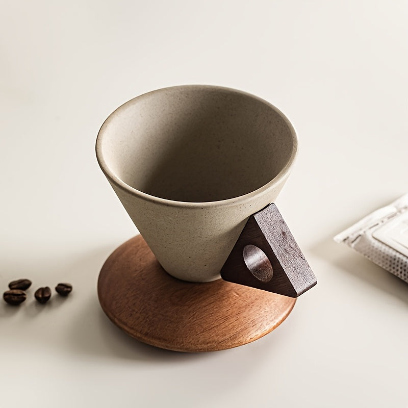 Handgefertigte Keramiktasse für Kaffee 250ml mit Holzgriff und Untertasse