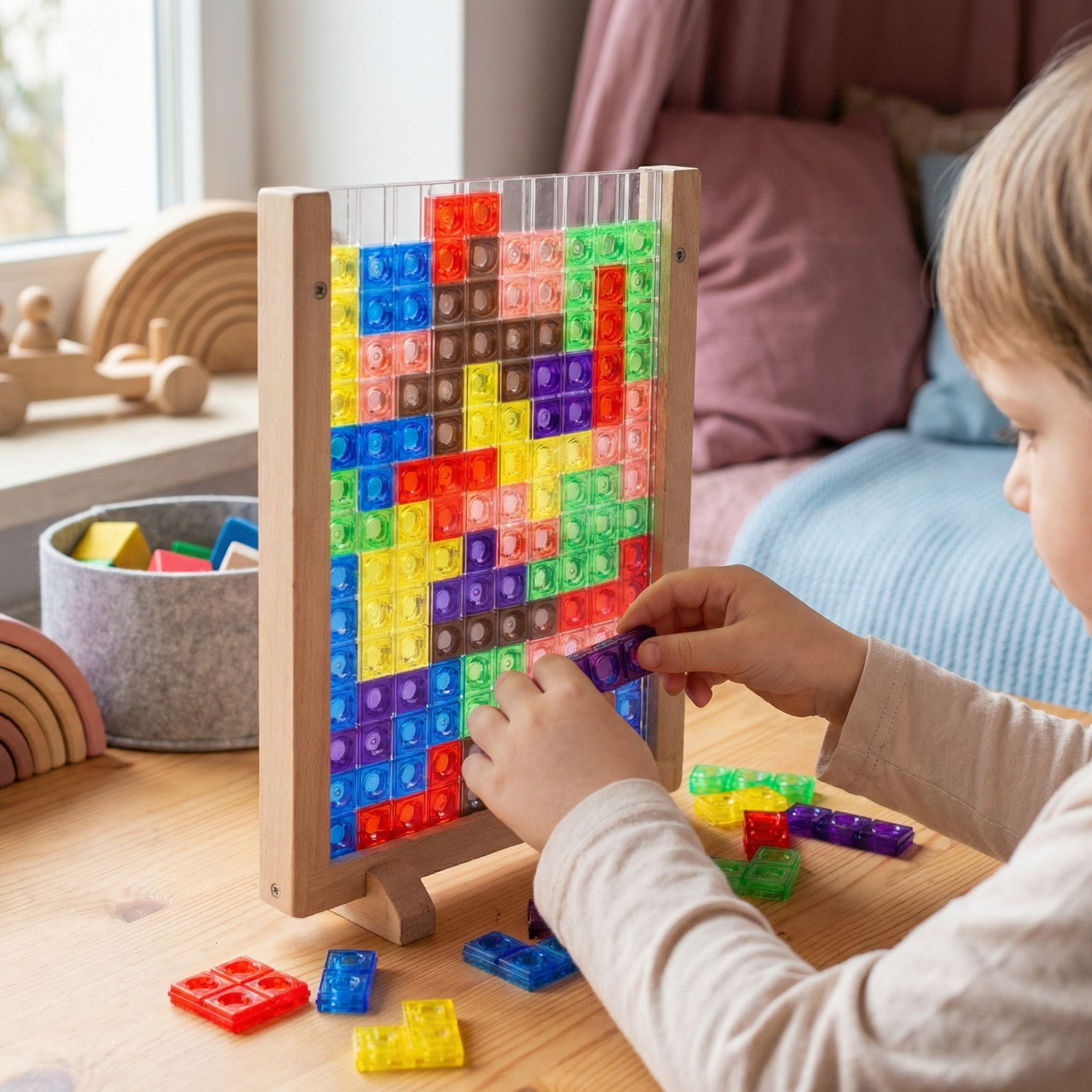 Pädagogisches Montessori Puzzle aus 3D Farbbauklötzen mit Holzrahmen