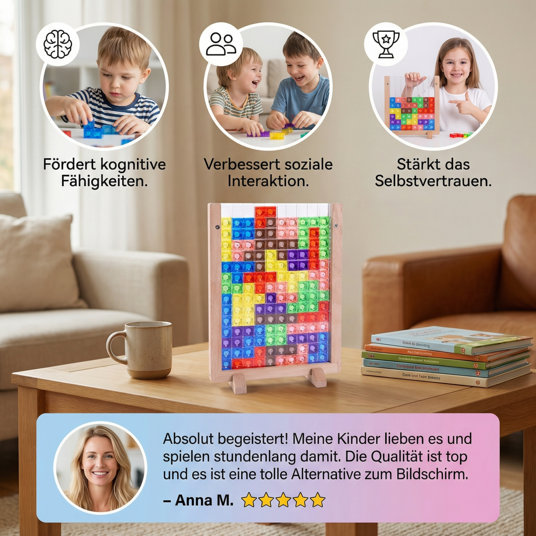 Pädagogisches Montessori Puzzle aus 3D Farbbauklötzen mit Holzrahmen
