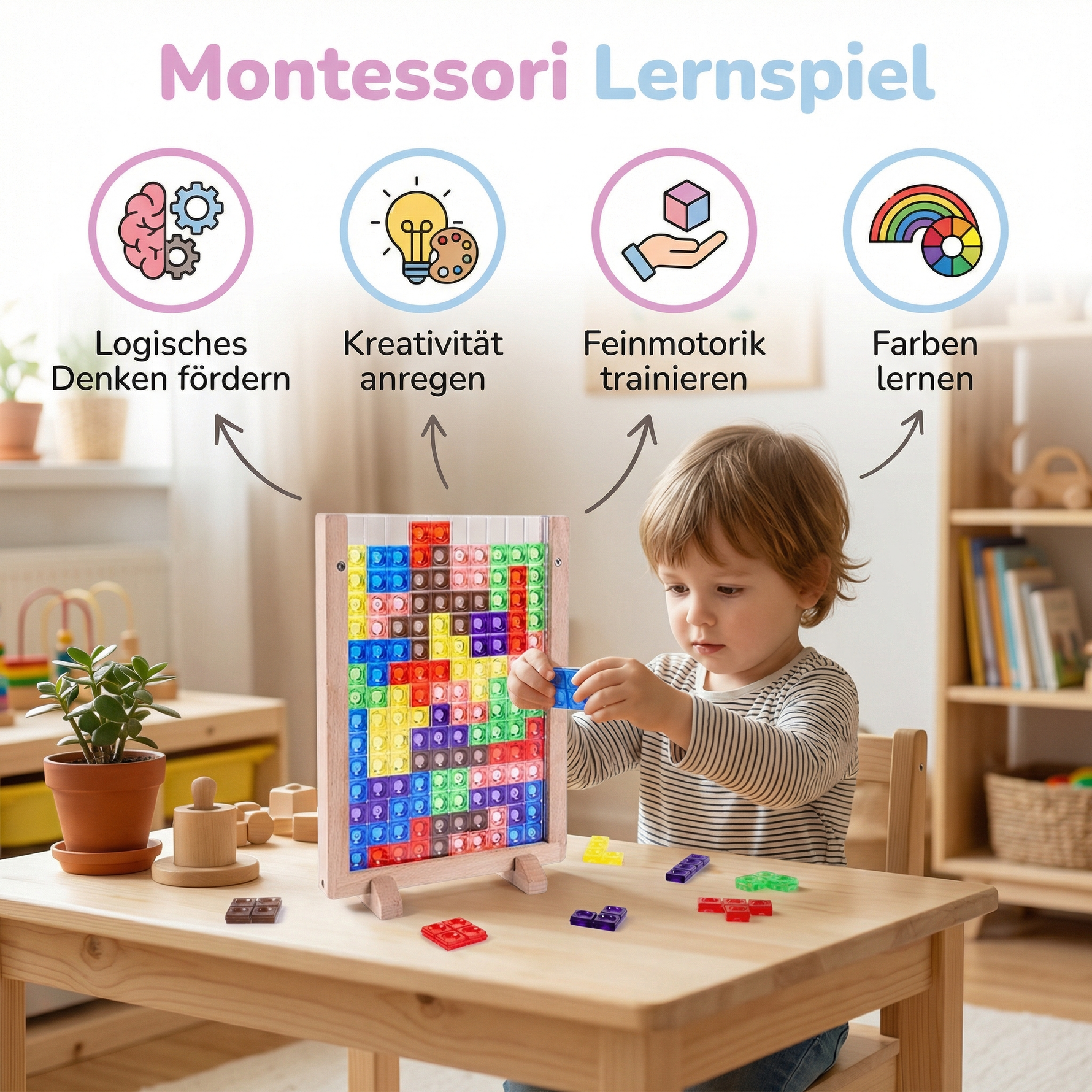 Pädagogisches Montessori Puzzle aus 3D Farbbauklötzen mit Holzrahmen