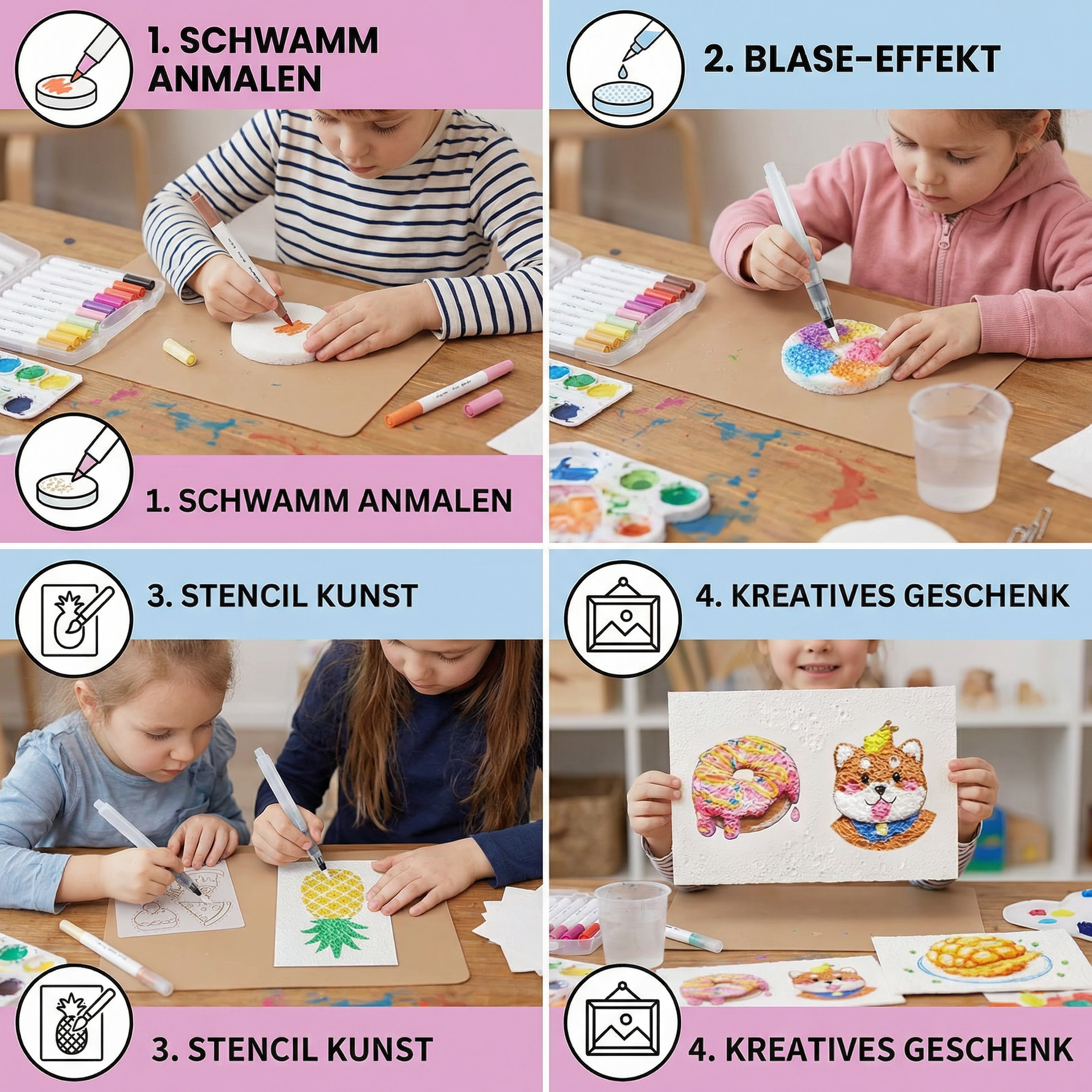 DIY Kunstset mit Schwamm für Kinder – Kreatives Malen mit Blasen-Effekt