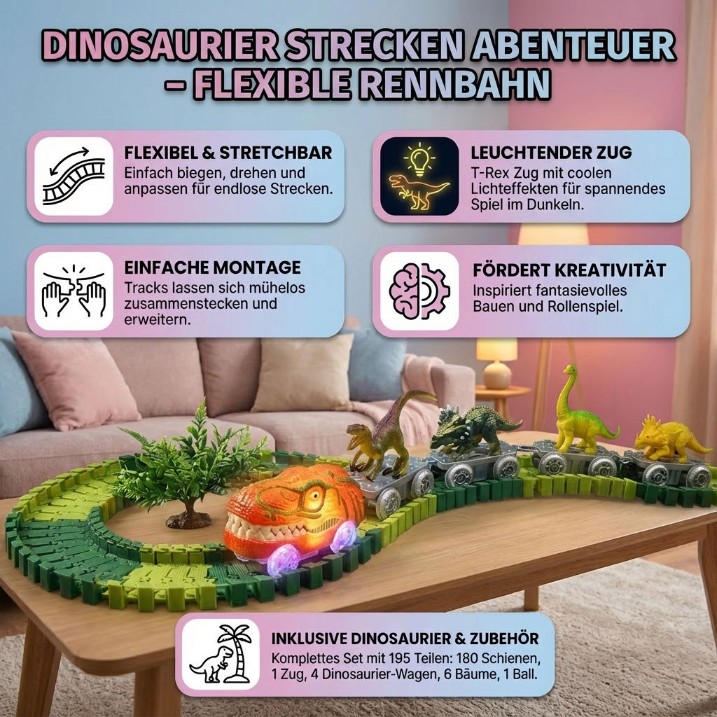Flexible Rennstrecke mit leuchtendem Zug – Dinosaurier Abenteuer